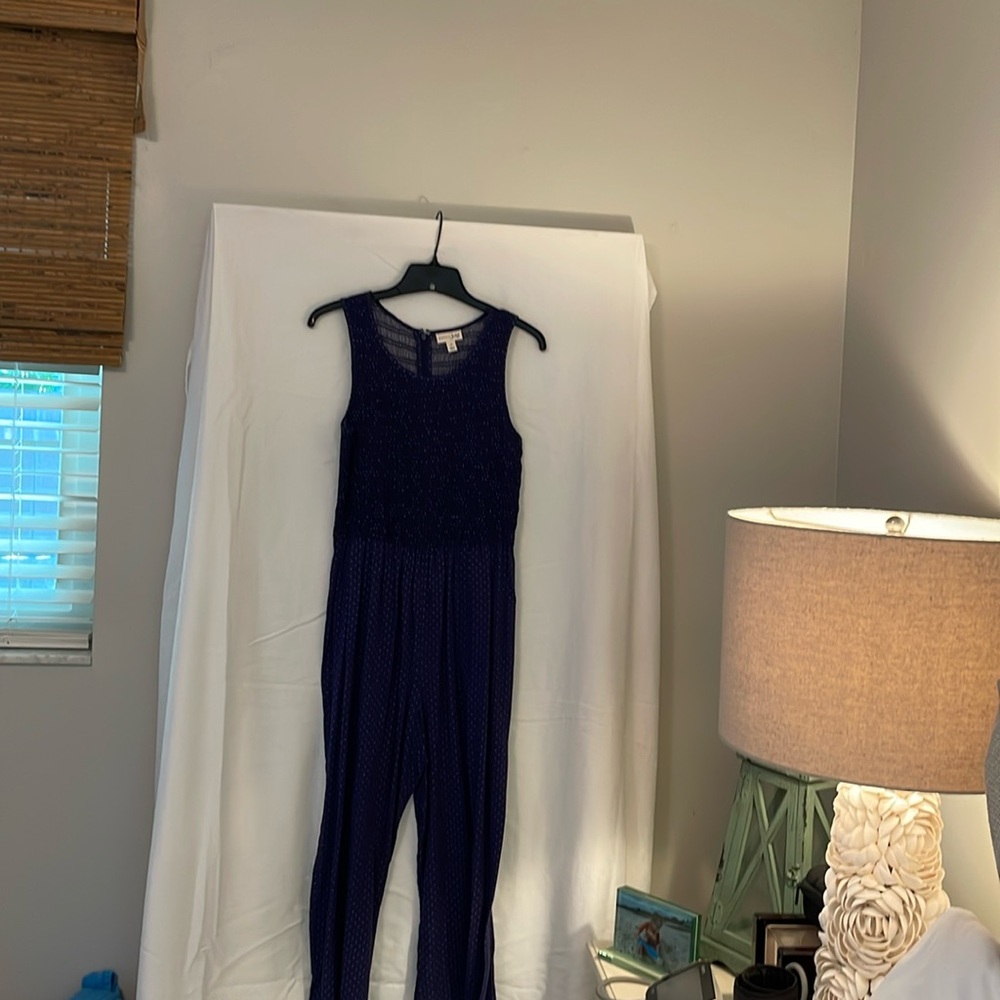 Jumpsuit ankle length blue white polka dots medium 19 inseam